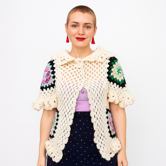 Hand Crafted Crochet Granny Square Cardigan open front Hooded Colorfull Sweater - Picture 6 of 17